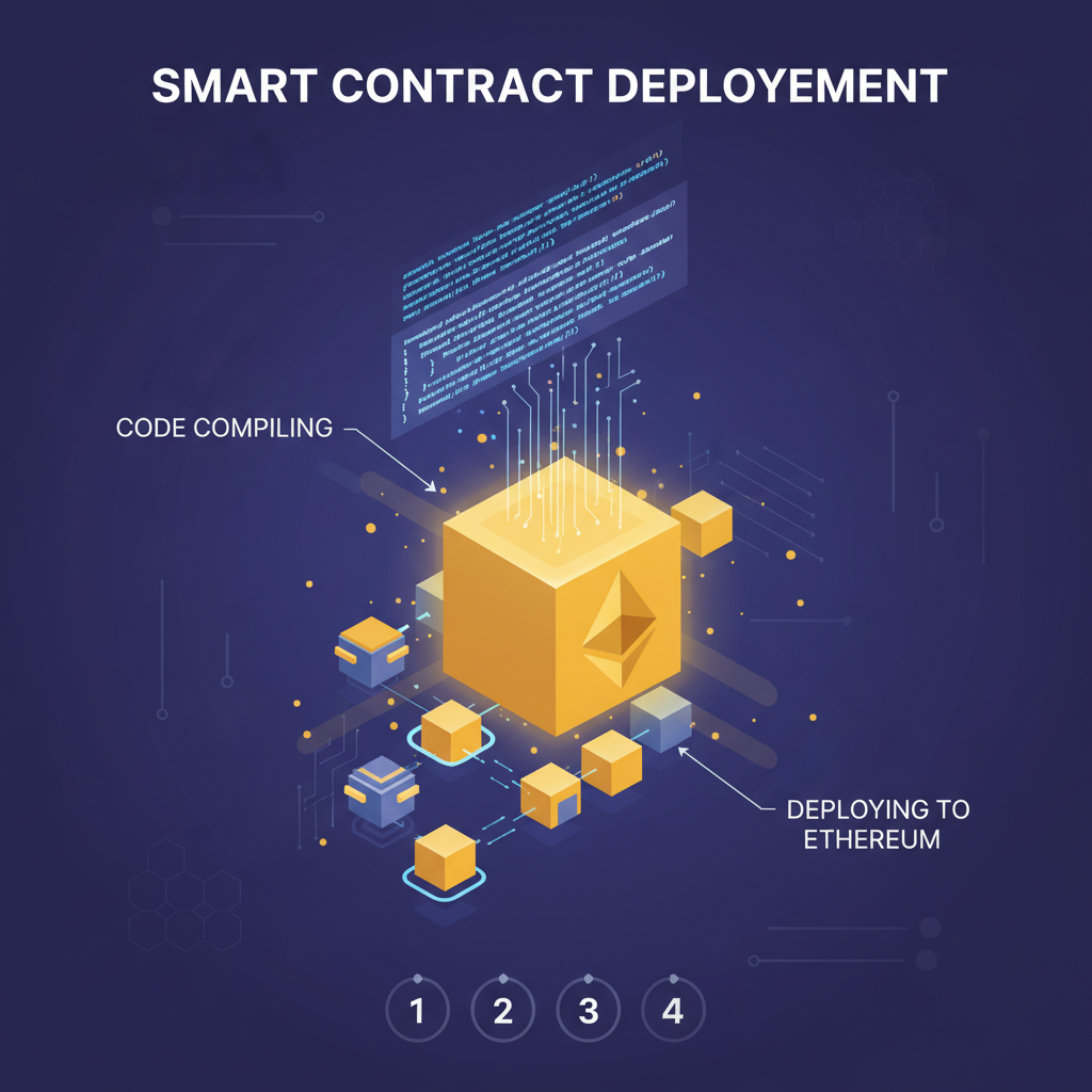 smart contracts deploying on Ethereum blockchain visualization, code compiling into blocks, golden light effects