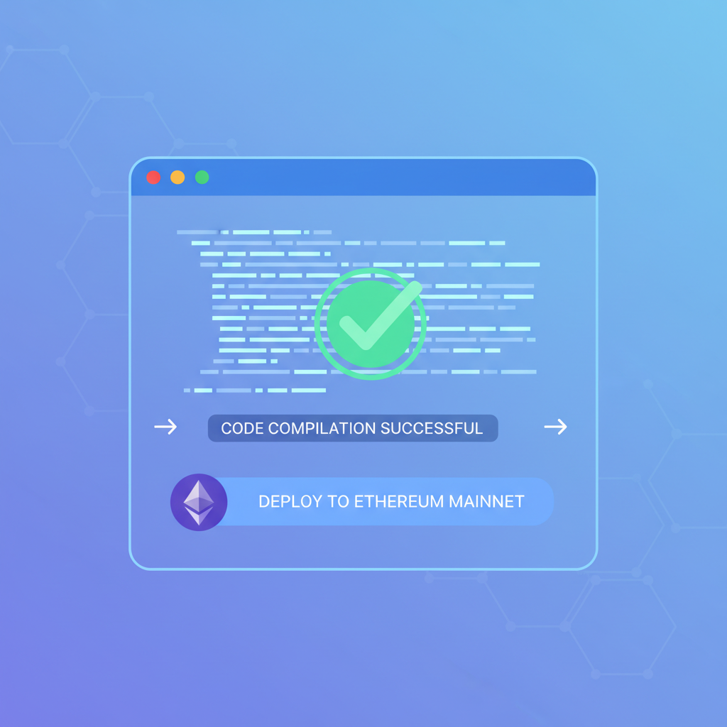 smart contract deployment interface, code compiling success animation, Ethereum logo glowing