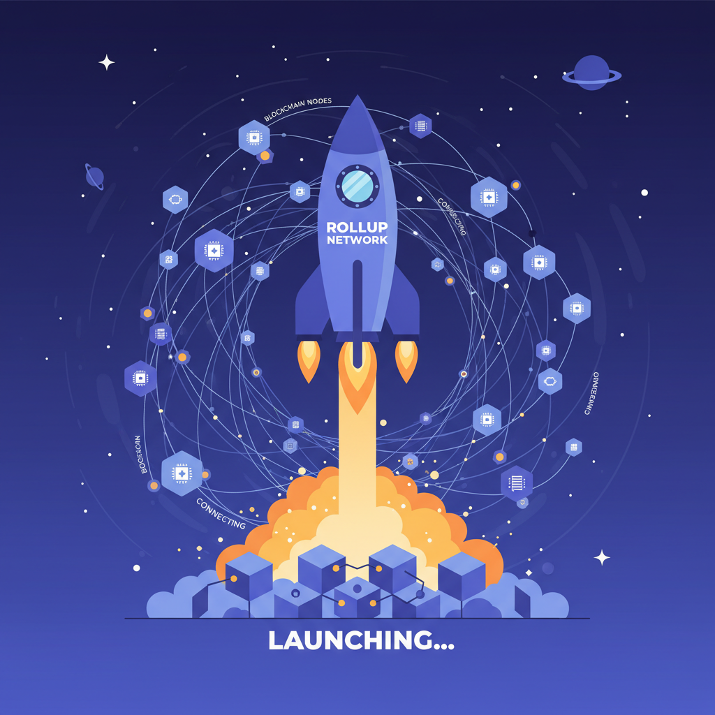 rollup network launching like a rocket, blockchain nodes connecting, explosive energy, space theme