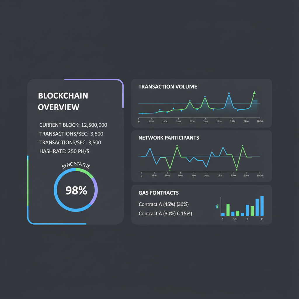 monitoring dashboard with blockchain metrics graphs, real-time data, professional dark mode UI