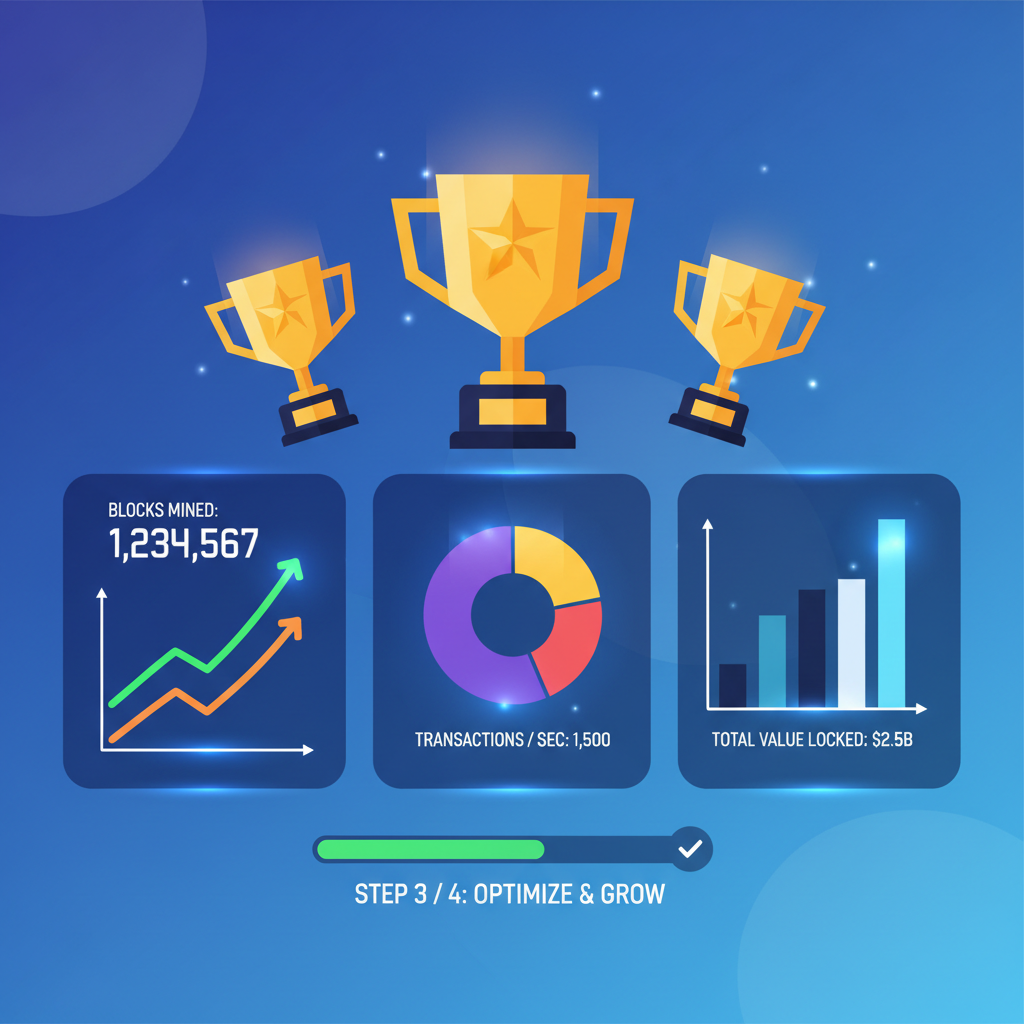 monitoring dashboard with rising graphs, blockchain metrics glowing, success trophies