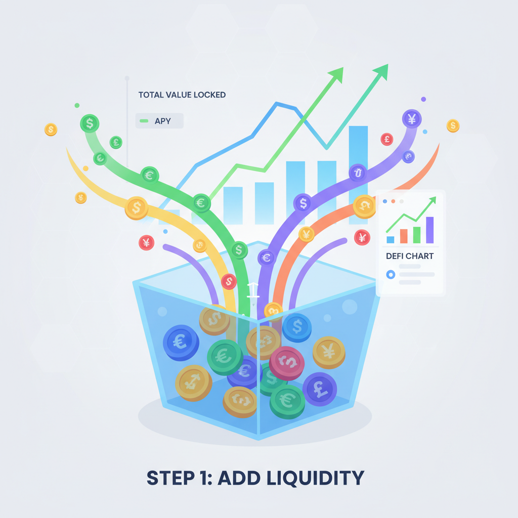 liquidity pool filling with tokens, DeFi charts rising, colorful money streams pouring in