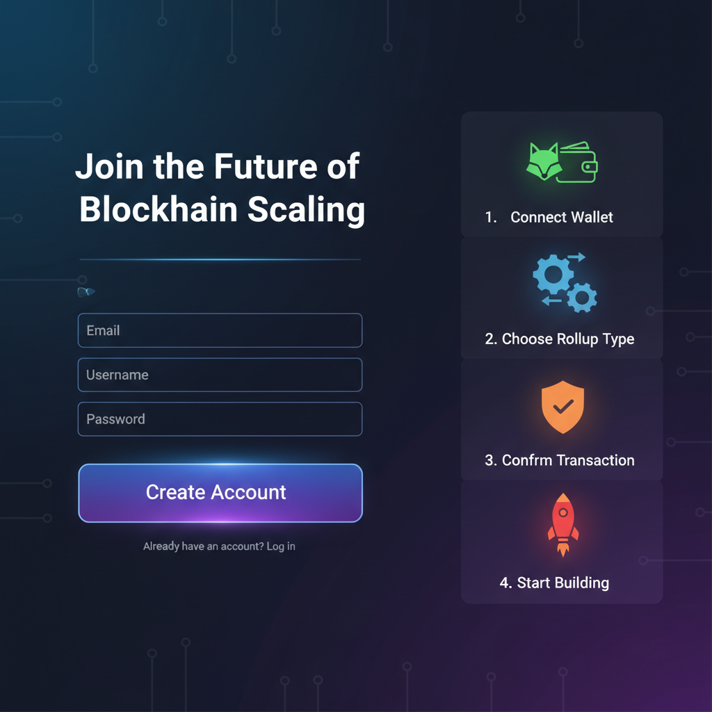 sleek web dashboard signup screen for blockchain rollup service, modern UI, glowing buttons, tech aesthetic