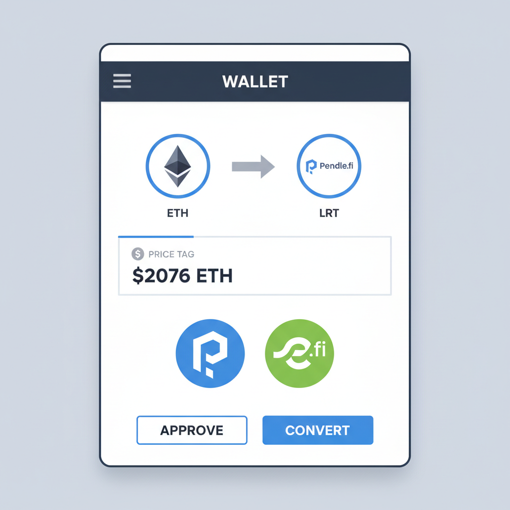 wallet interface showing ETH to LRT conversion, Pendle and ether.fi logos, price tag $2076 ETH