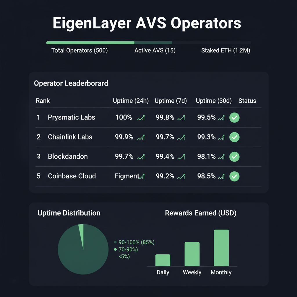 leaderboard of EigenLayer AVS operators with uptime metrics, charts and green checkmarks, dark mode dashboard