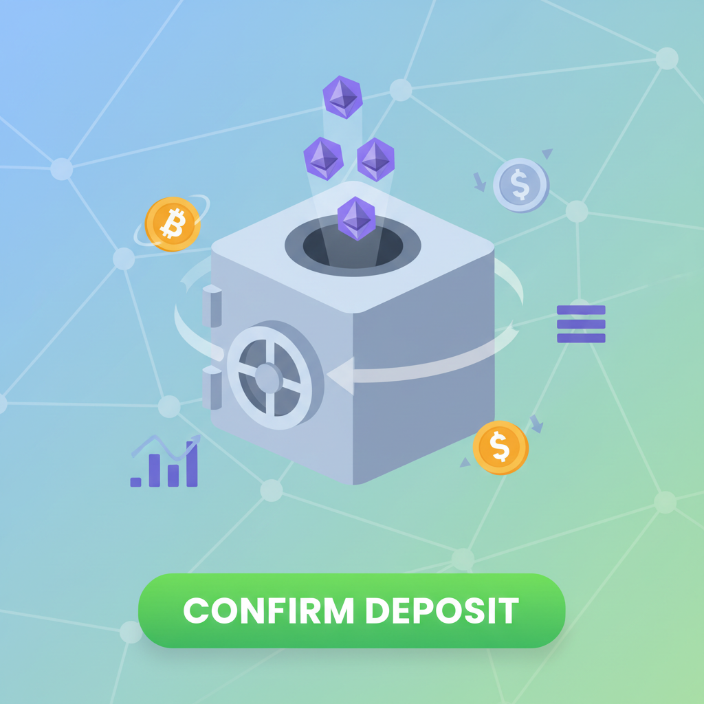 deposit screen with ETH flowing into rotating vault, green confirmation button, animated assets
