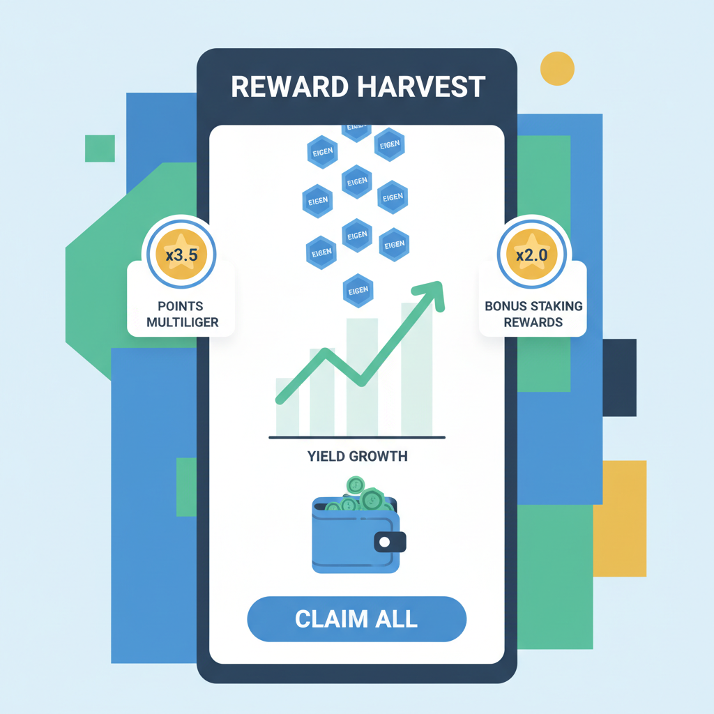 reward harvest screen with points multipliers, EIGEN tokens raining, yield graphs upward trend