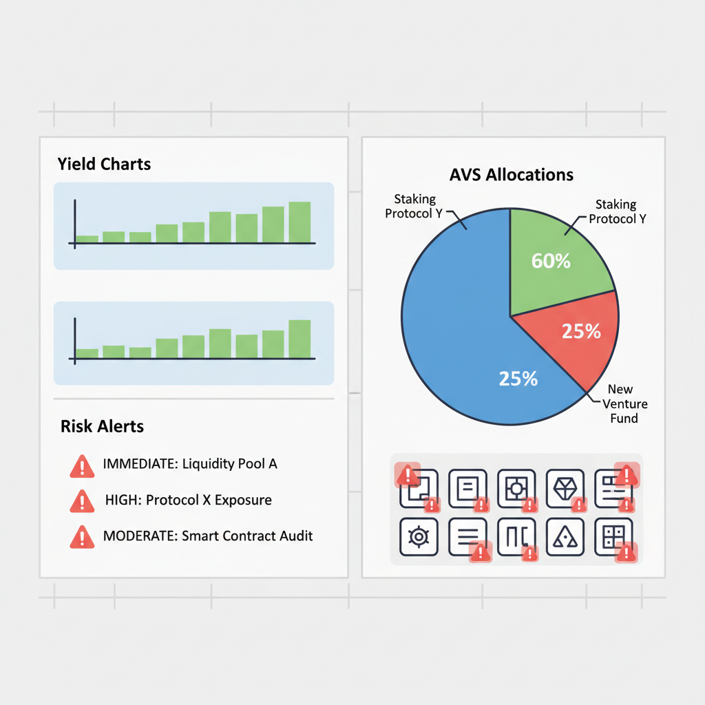 monitoring dashboard with yield charts, risk alerts, AVS allocations pie chart, red warning icons