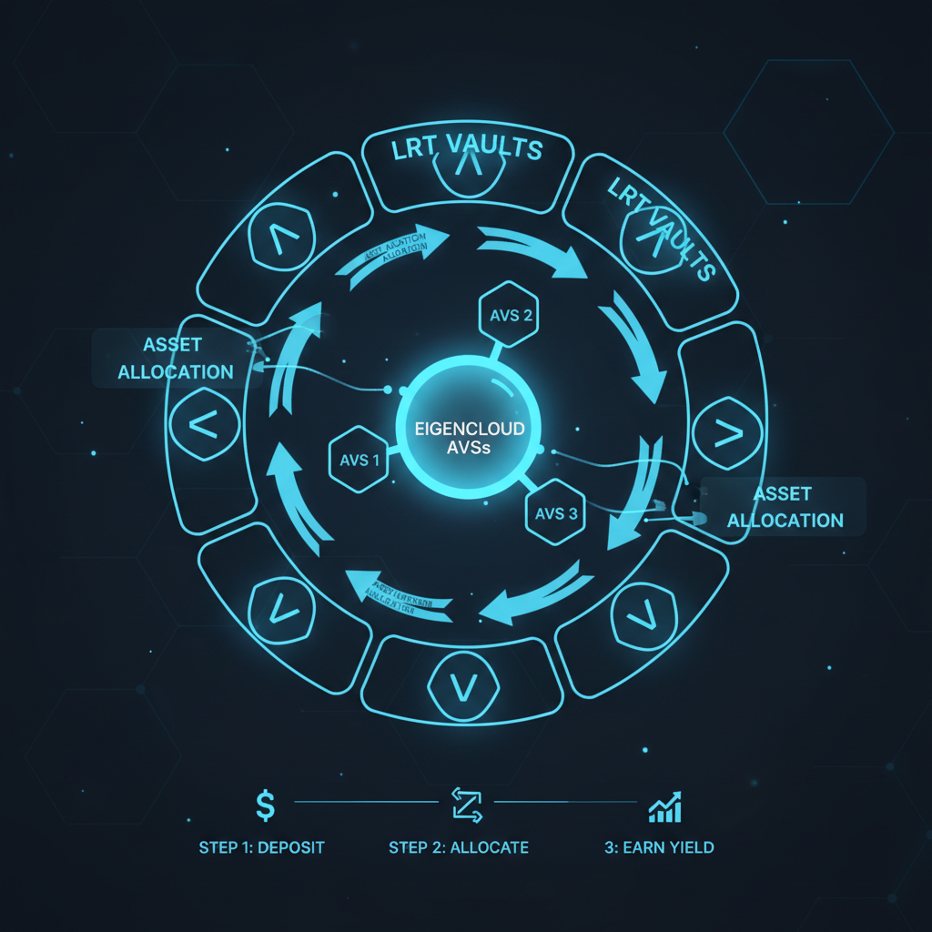 sleek diagram of rotating LRT vaults allocating assets to EigenCloud AVSs, futuristic crypto interface, blue neon glow