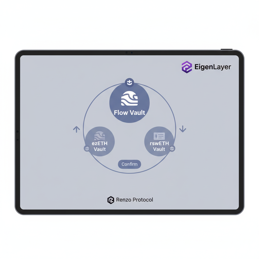 user interface selecting Flow Vault on Renzo Protocol, vault options with rotation arrows, EigenLayer branding