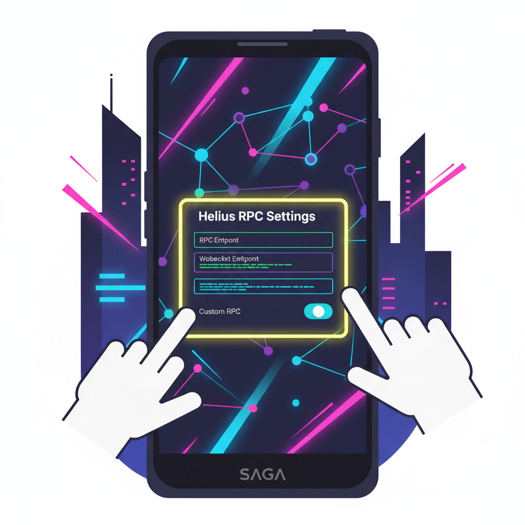 Saga phone screen with Solflare wallet, Helius RPC settings highlighted, glowing Solana nodes, cyberpunk neon