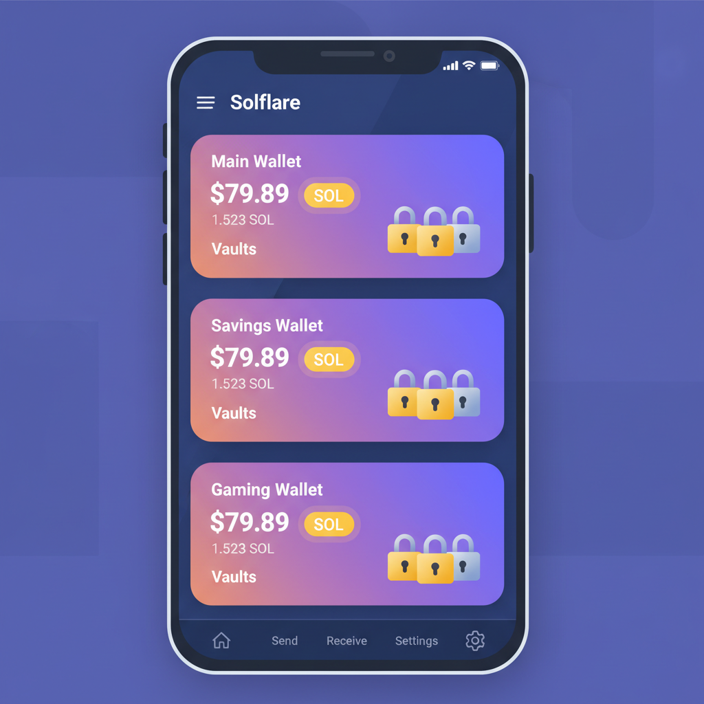 Multiple Solflare wallets on Saga phone dashboard, SOL balances glowing at $79.89, vault icons secure and stacked