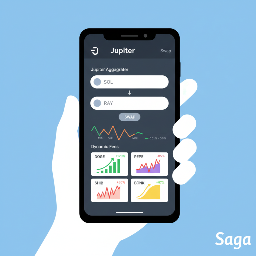 Jupiter aggregator UI on Saga phone executing Raydium swap, dynamic fees chart, memecoin charts spiking