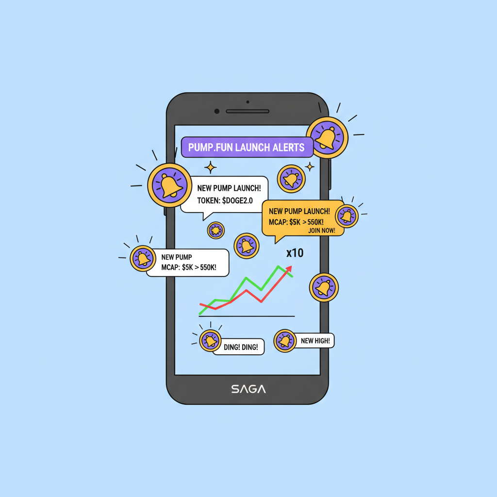 Saga phone notifications popping with Pump.fun launch alerts, real-time charts, alert bells exploding