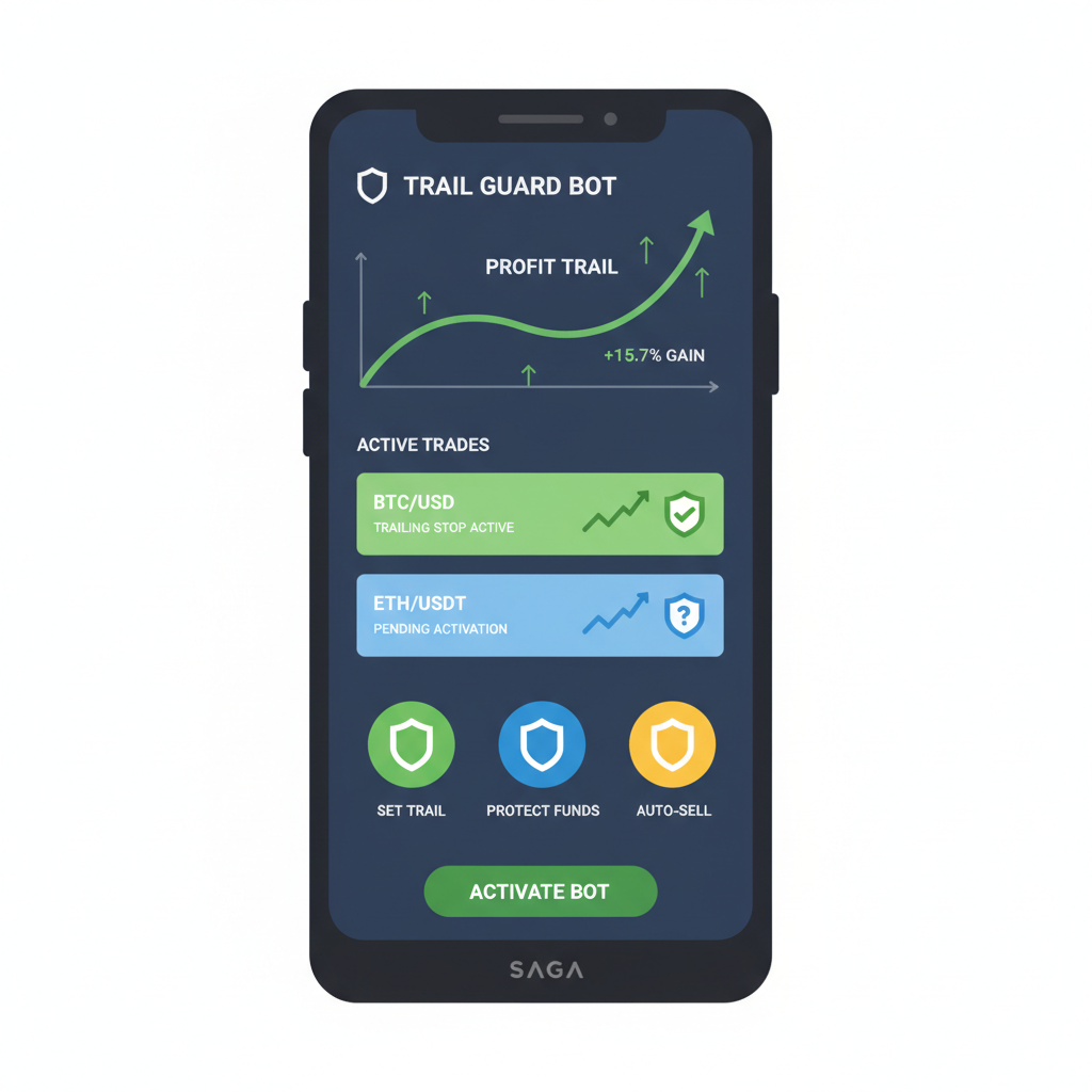Trailing stop-loss bot interface on Saga phone, profit charts trailing up, shield icons for protection