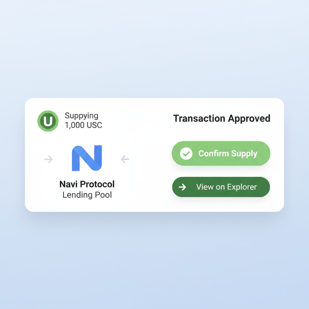 User supplying USDC to Navi Protocol lending pool, transaction approval screen, green success buttons