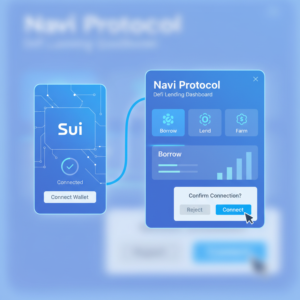 Sui wallet connecting to Navi Protocol DeFi lending dashboard, clean blue UI, futuristic interface