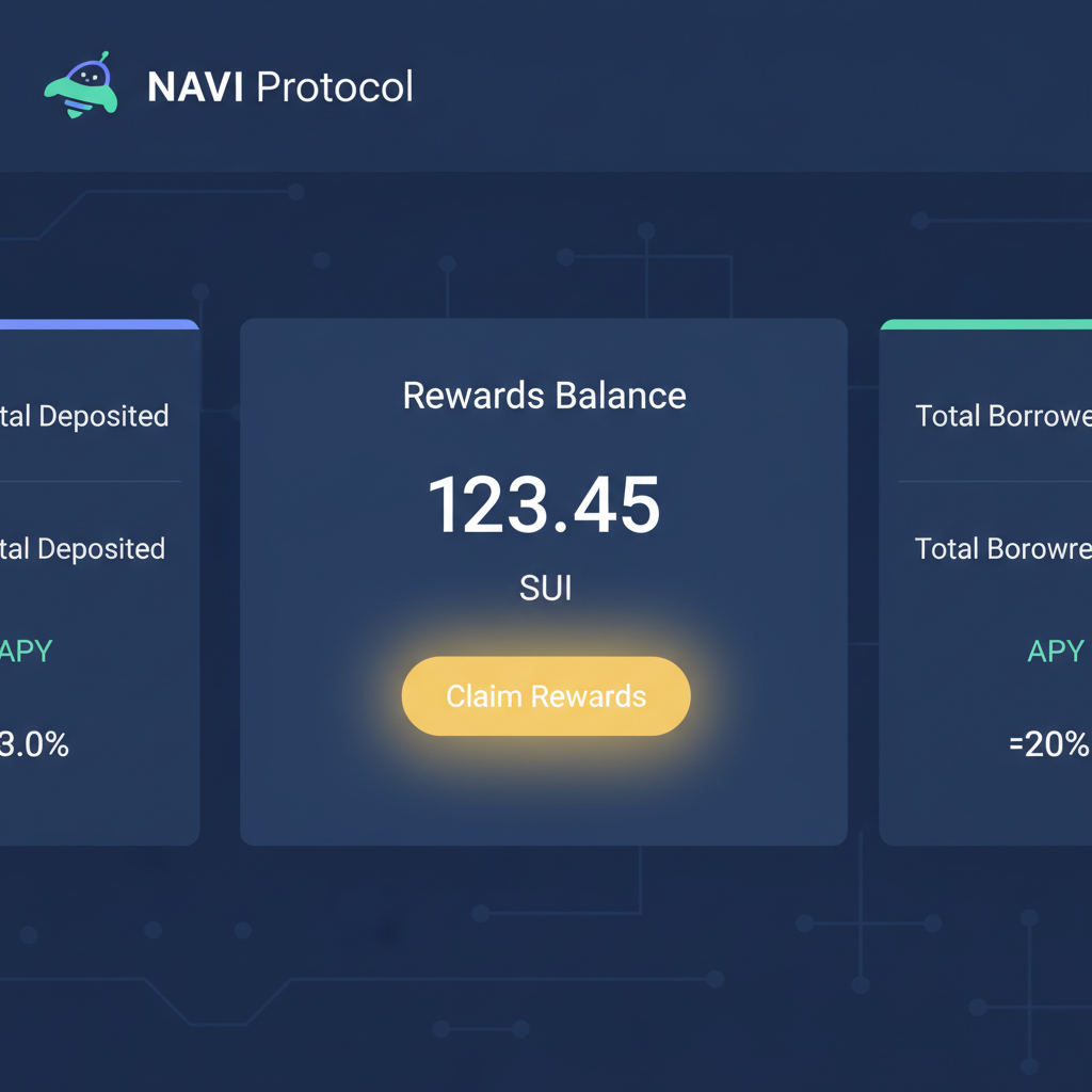 Claiming rewards on Navi Protocol Sui lending interface, reward balance glowing, dashboard view