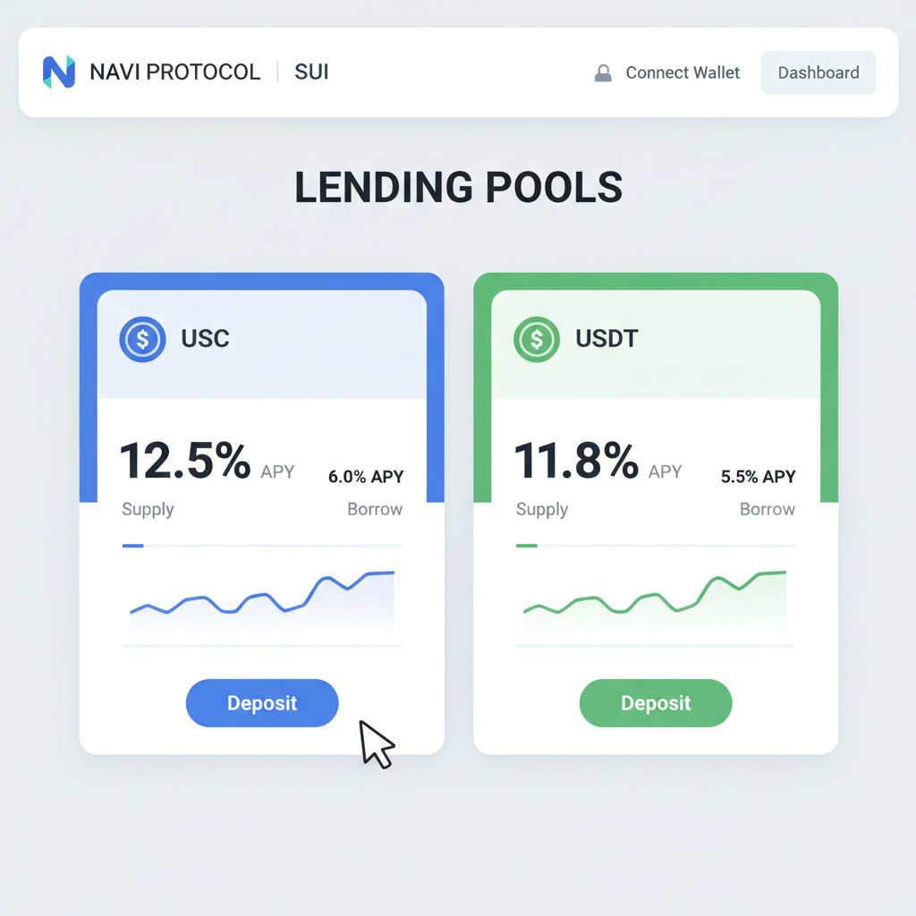 Navi Protocol Sui dashboard showing USDC USDT stablecoin lending pools with APY stats, modern DeFi UI