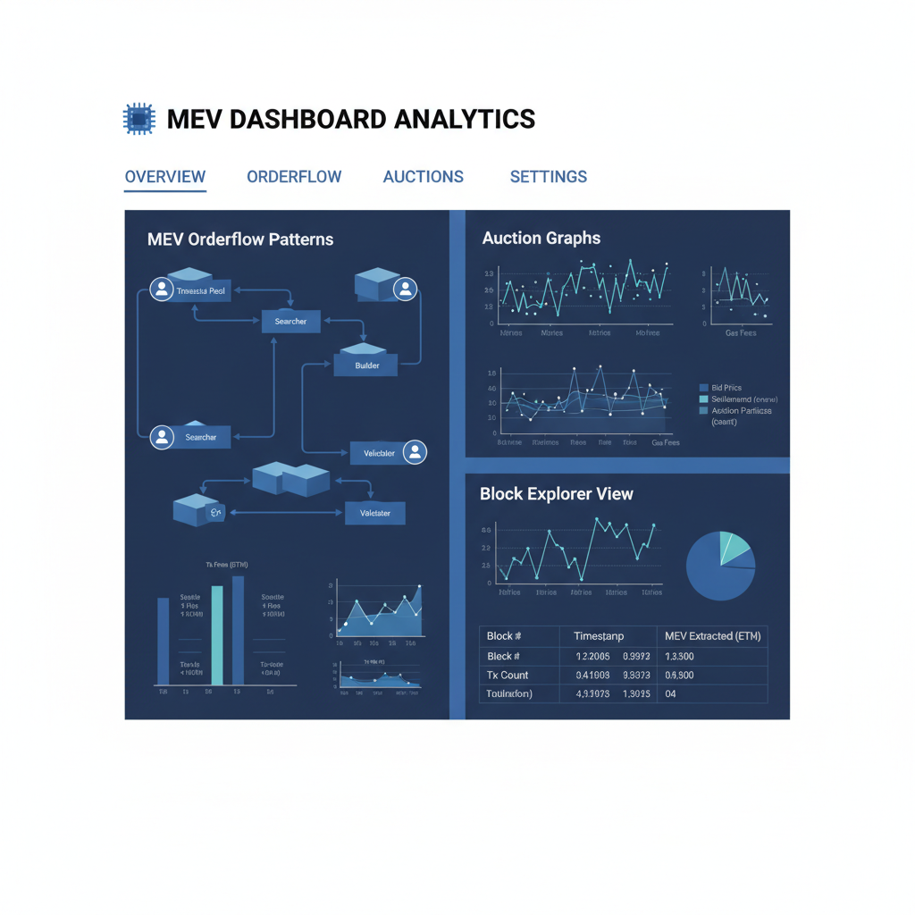 data visualization dashboard showing MEV orderflow patterns and auction graphs in blue tones
