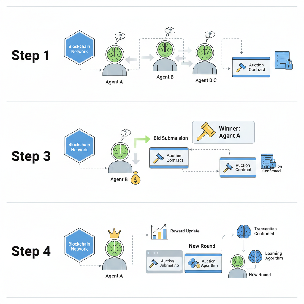 reinforcement learning simulation graph with bidding agents competing in blockchain auction environment