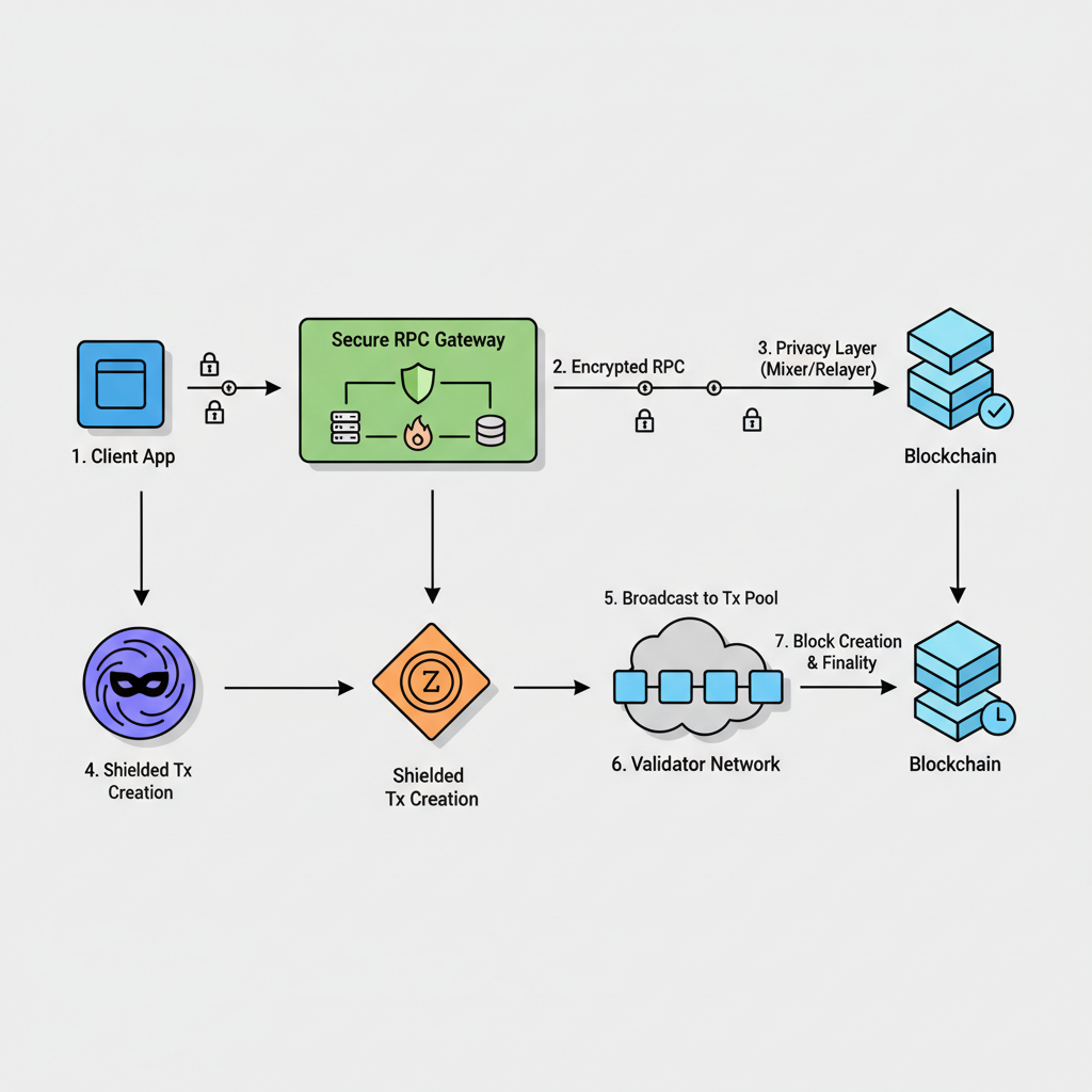 secure RPC routing diagram with shielded transaction flow to blockchain