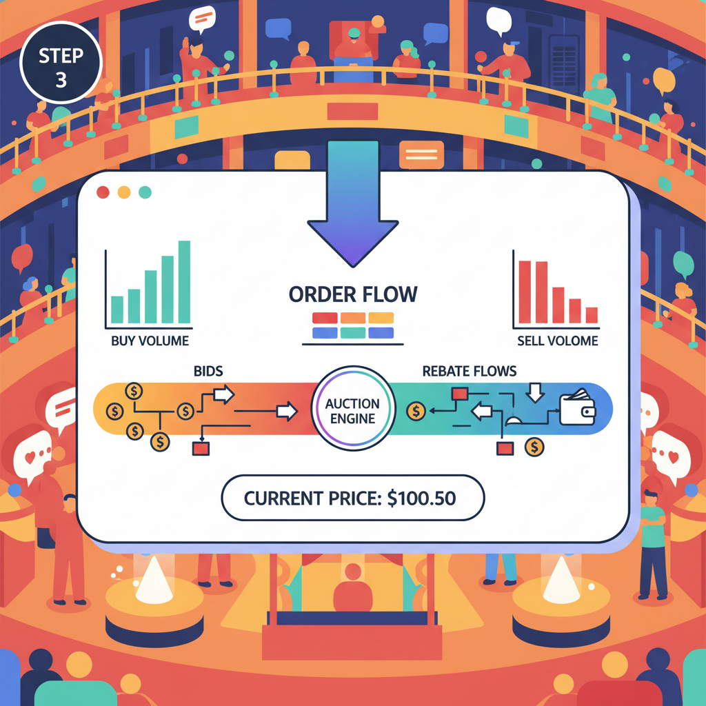 order flow auction interface with bids and rebate flows in vibrant auction hall style