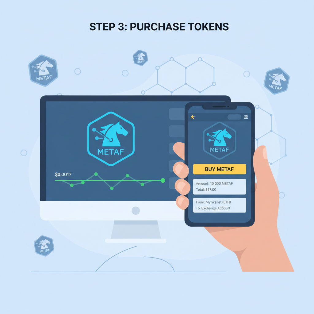 crypto wallet buying METAF tokens on exchange, blockchain horse icons, price chart at $0.0017
