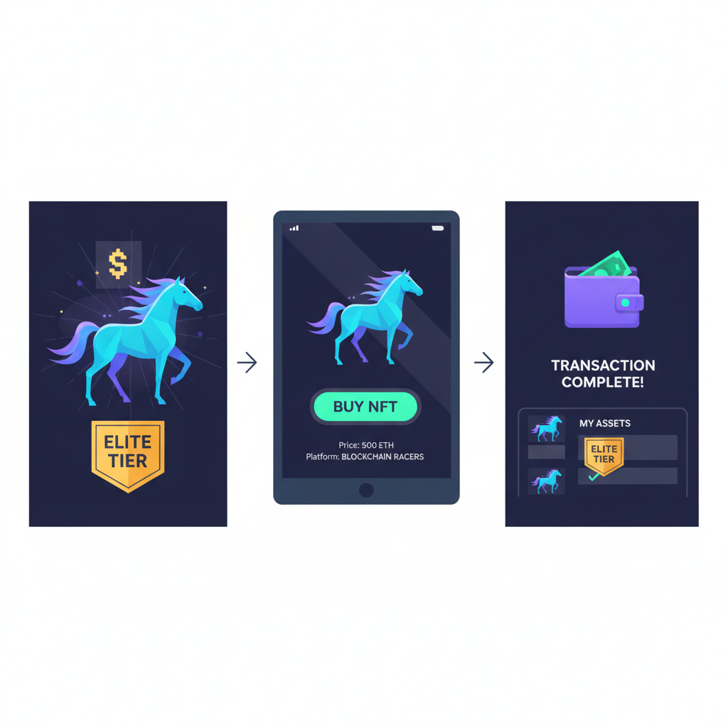 buying rare glowing NFT horse on digital marketplace, blockchain racing game, elite tier badge
