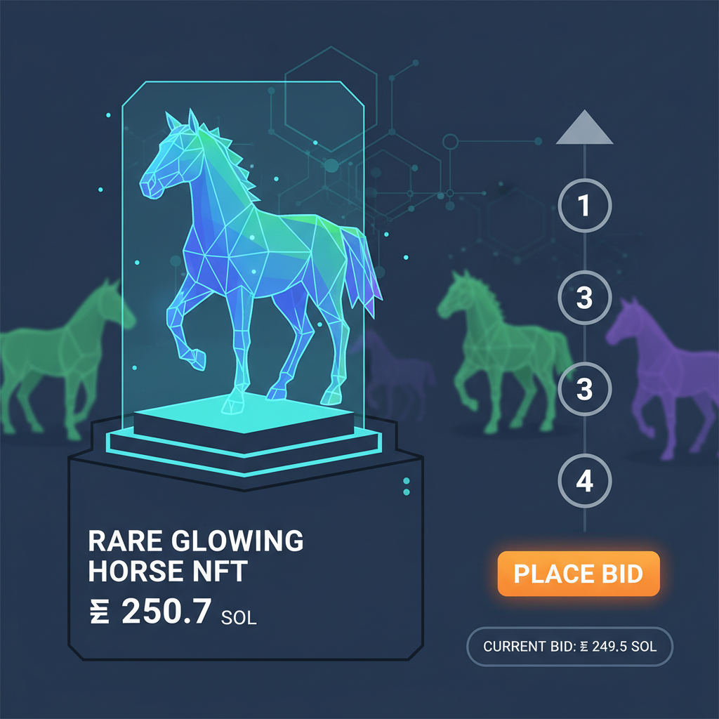 rare glowing NFT horse on blockchain marketplace, futuristic digital auction