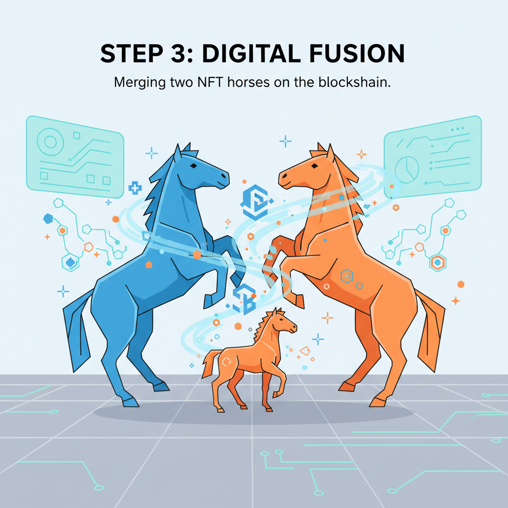 digital breeding lab, two NFT horses merging into foal, blockchain sparks