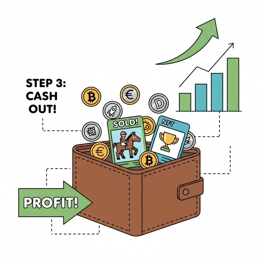 wallet overflowing with crypto tokens, NFT horse sale success, profit charts