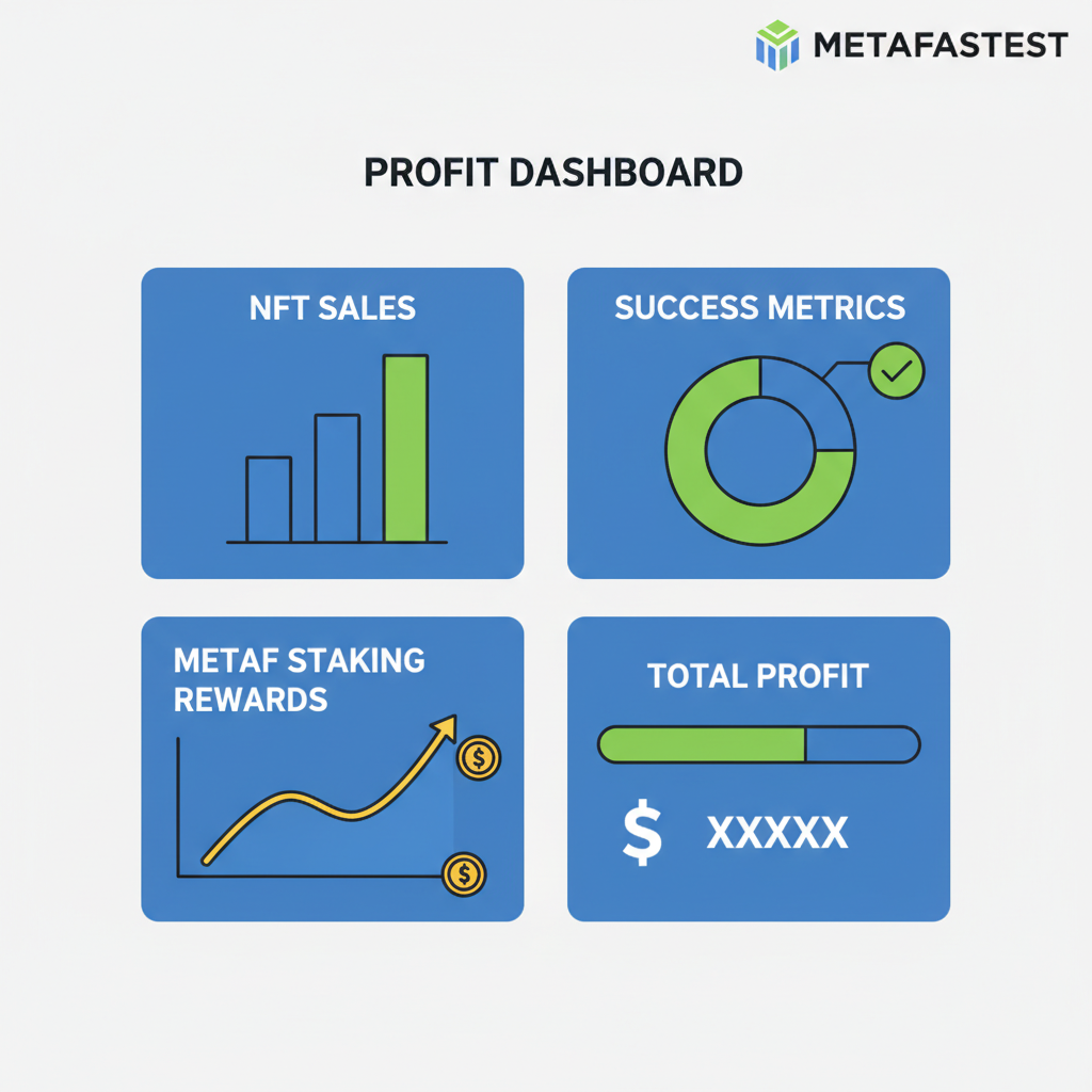 profit dashboard for Metafastest, NFT sales charts, METAF staking rewards, success graphs