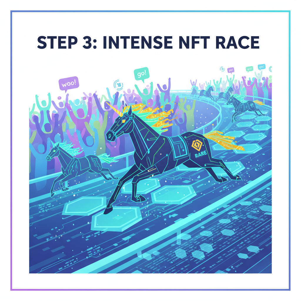 intense NFT horse race on blockchain track, rare horse leading, crowd cheering digitally