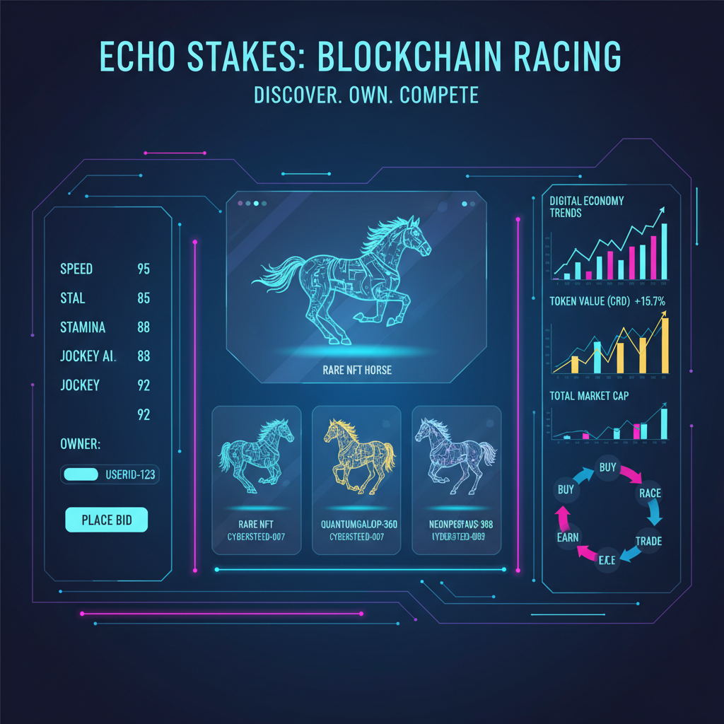 futuristic blockchain horse racing marketplace interface with rare NFT horses displayed, neon lights, digital economy charts