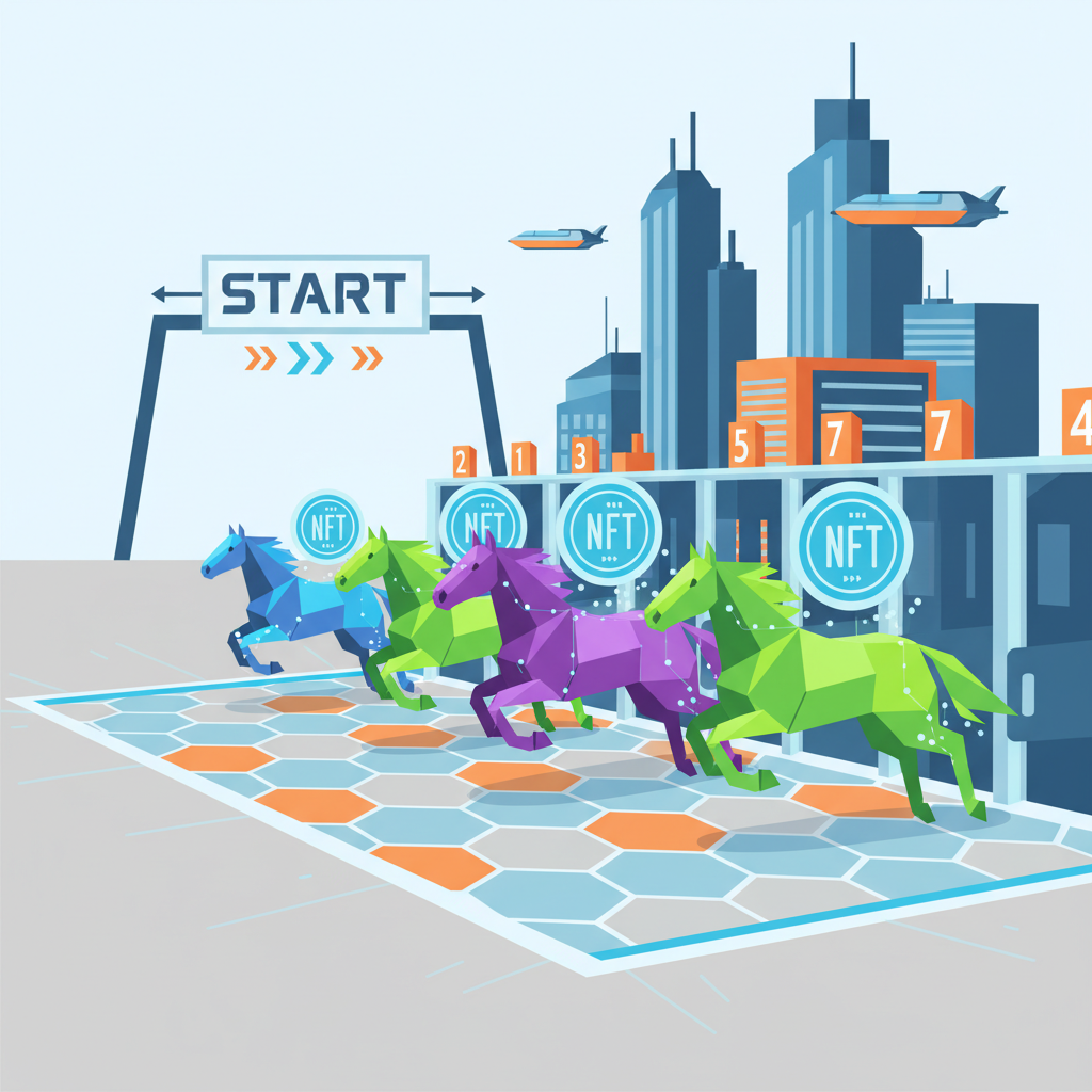 futuristic horse race start, NFT horses charging, blockchain track