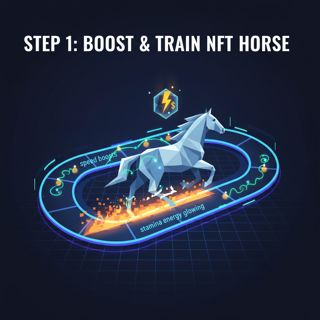 NFT horse training track, cyber speed boosts, stamina energy glowing