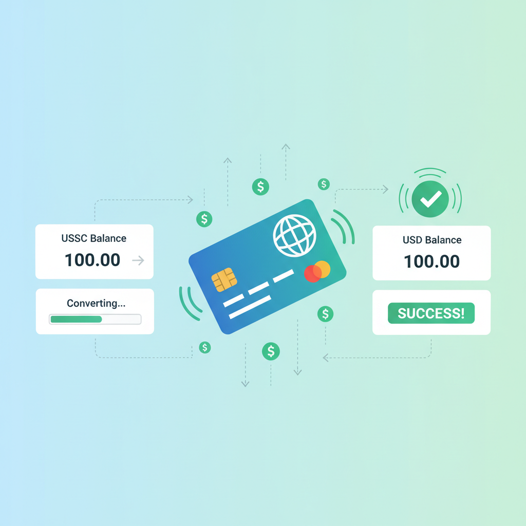 virtual debit card balance updating instantly, usdc converting to dollars, success animation, card spinning