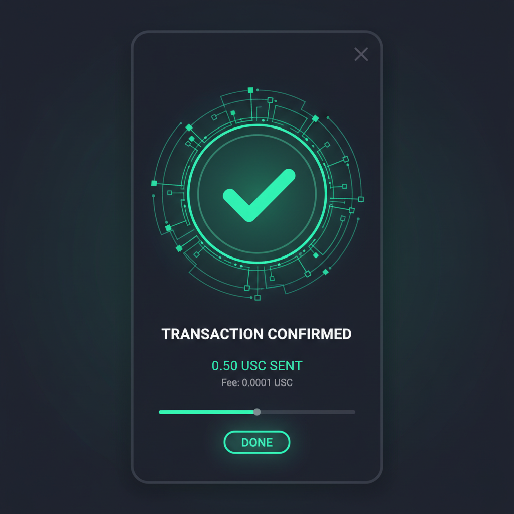 wallet confirmation screen for usdc transaction, blockchain animation, green checkmark, futuristic glow