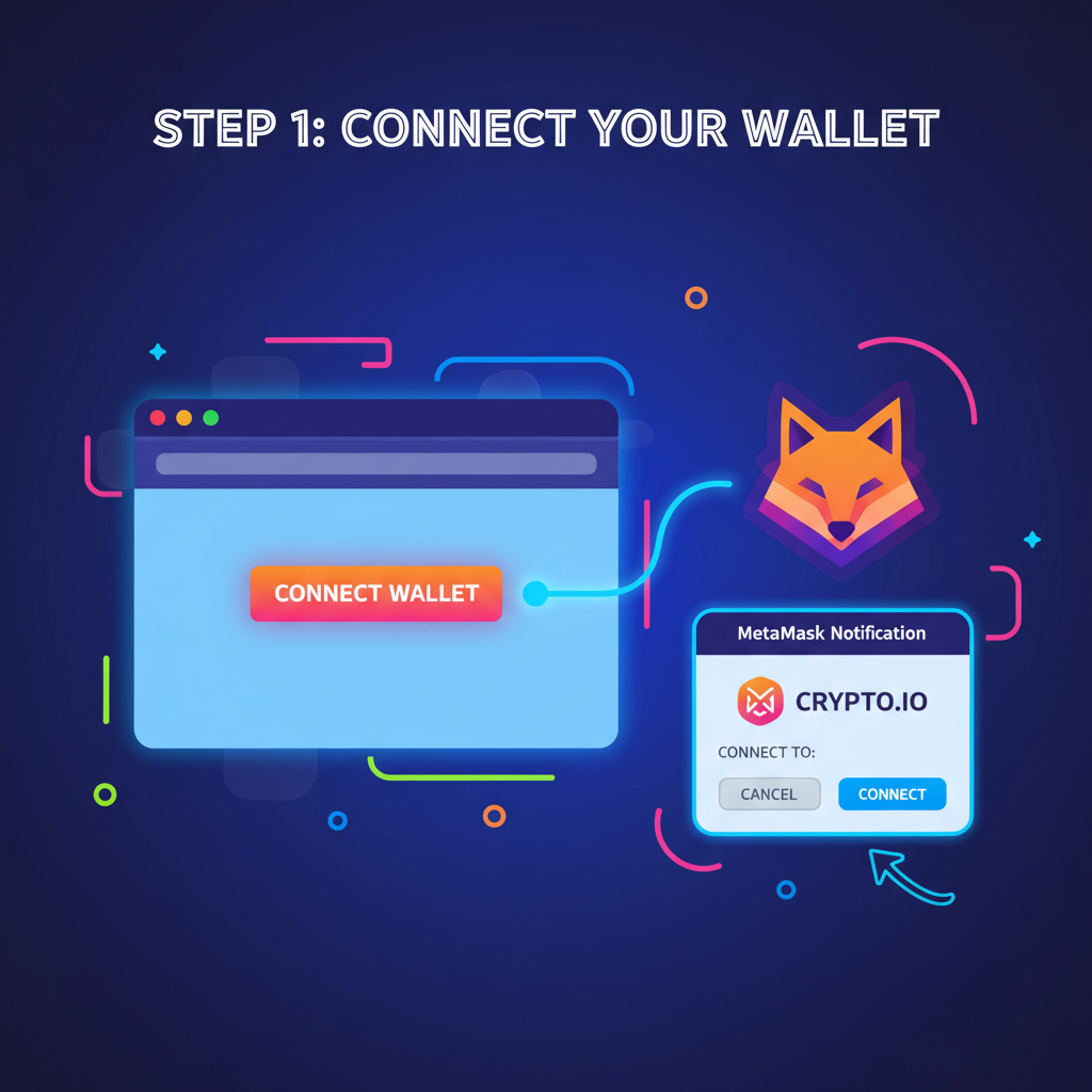 user connecting metamask wallet to crypto website, vibrant neon interface, wallet icon linking, modern ui