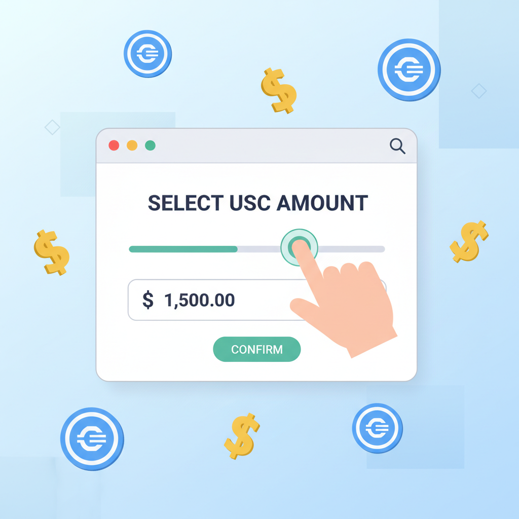crypto user selecting usdc amount slider on web app, dollar signs and usdc tokens floating, clean interface