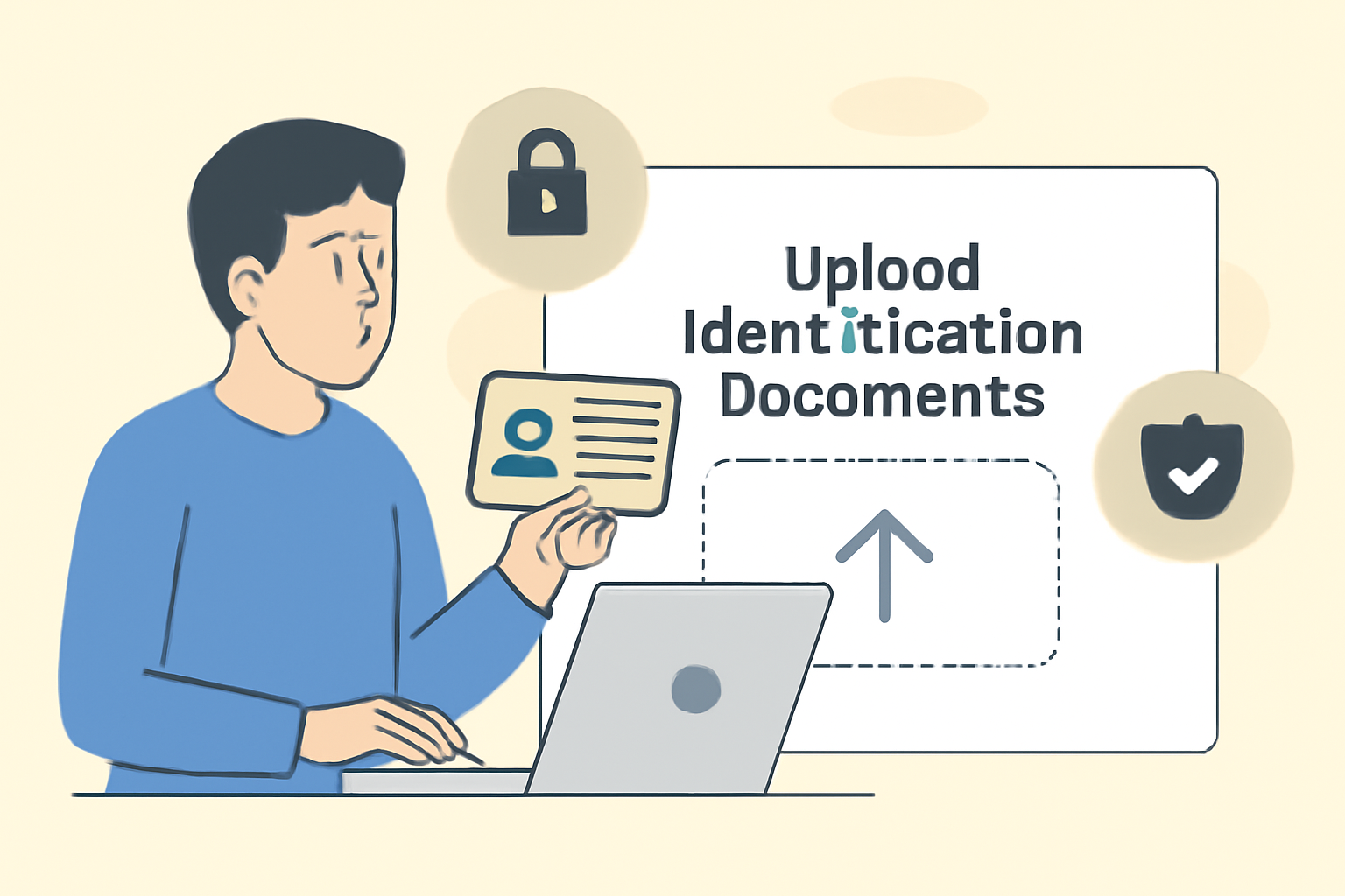 A user uploading identification documents on a secure online form, with icons representing privacy and security.