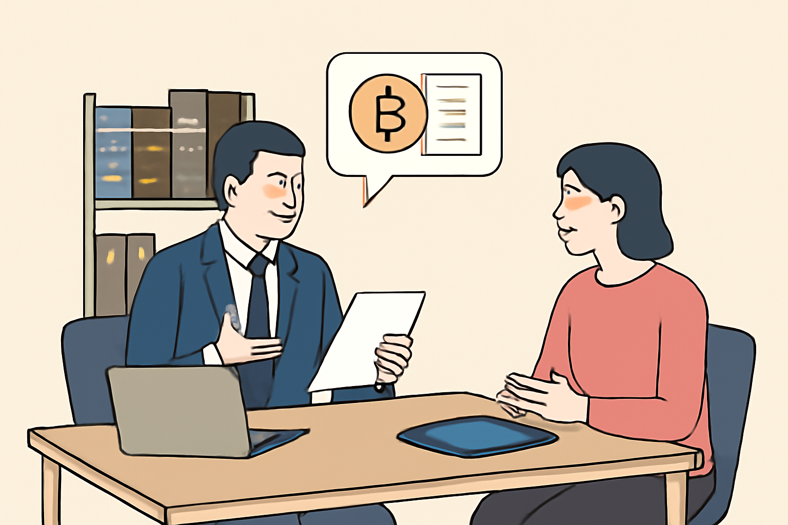 A professional consultation scene with a lawyer and a client discussing cryptocurrency regulations, with legal books and digital devices visible.