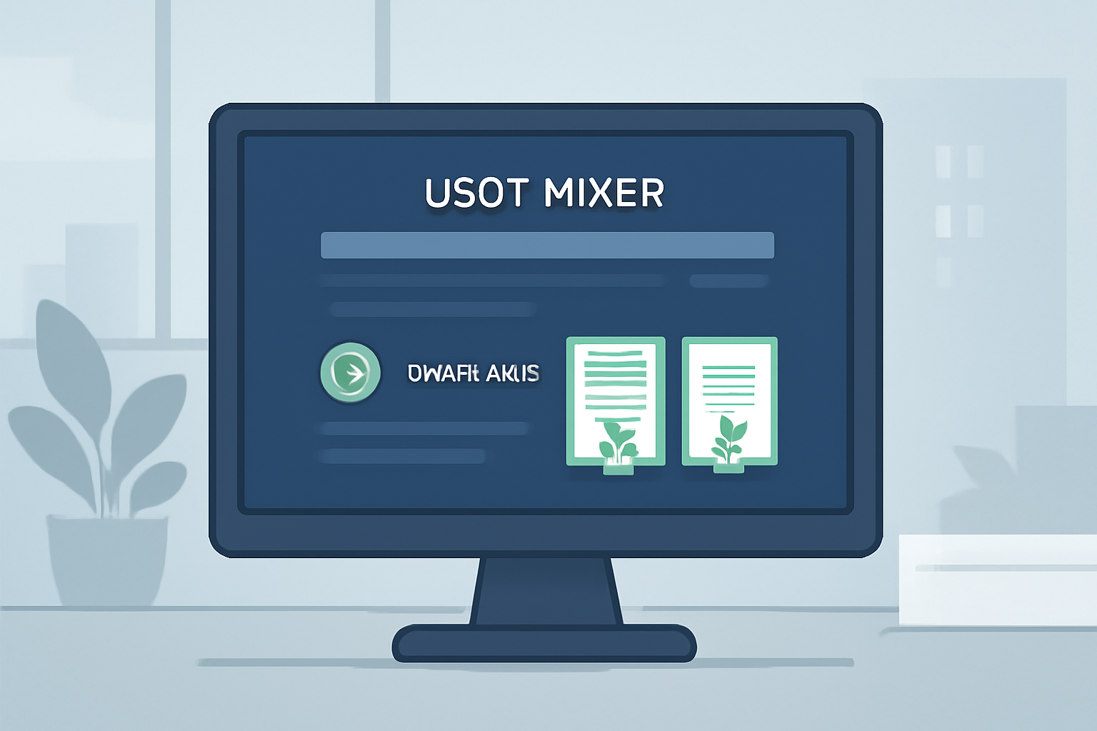 A computer screen displaying a USDT mixer website with visible compliance badges and registration certificates, in a modern office setting.