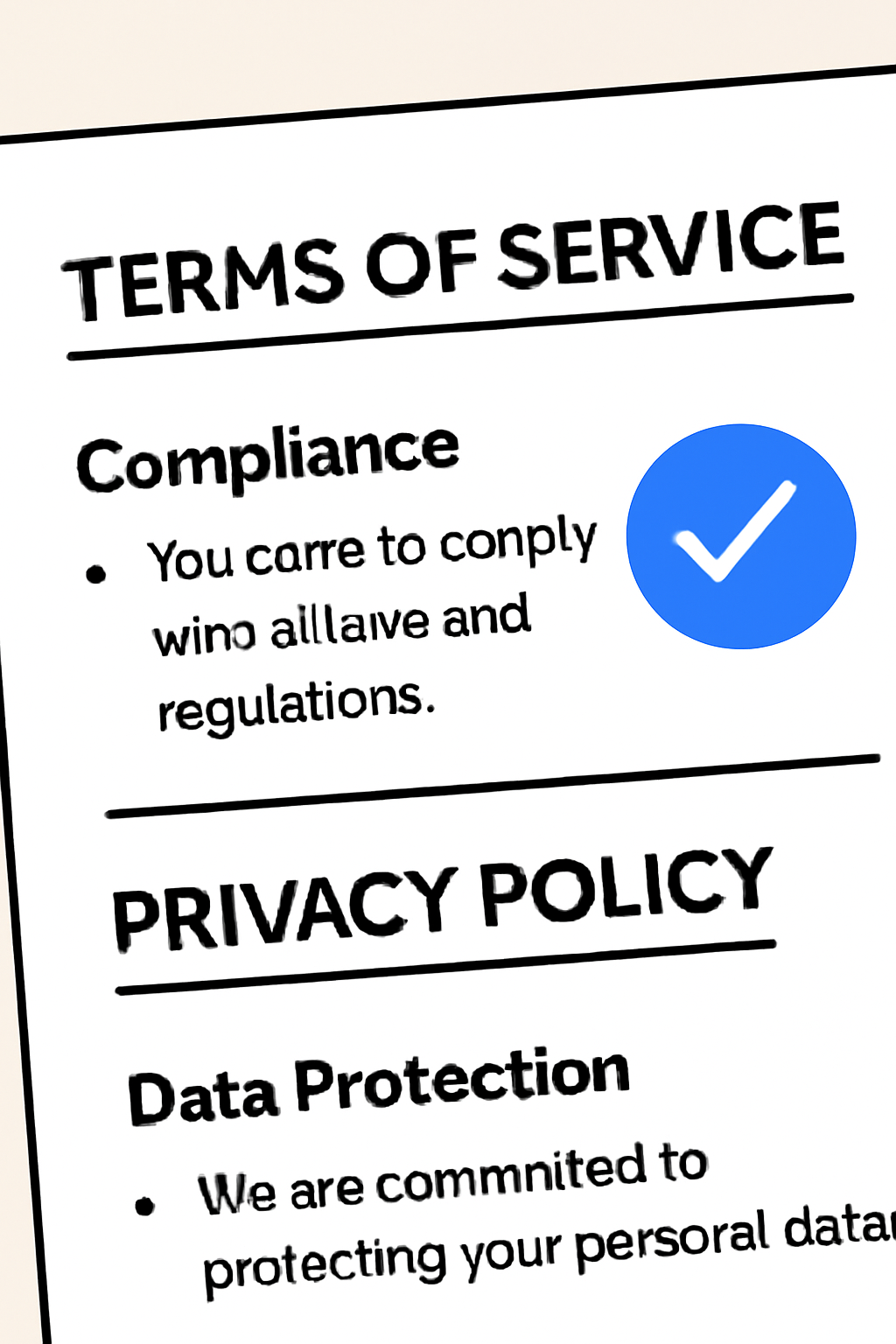 A close-up of a digital document highlighting terms of service and privacy policy sections, with a focus on compliance and data protection clauses.