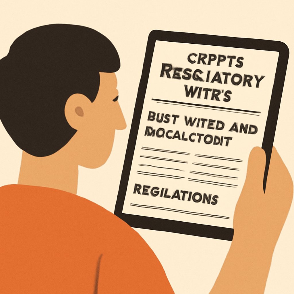 A person reading the latest crypto regulatory news on a tablet, with news headlines about USDT mixers and regulations visible.