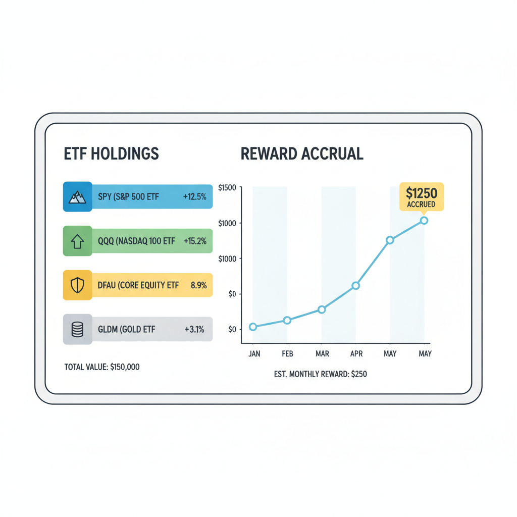 portfolio dashboard displaying ETF holdings and reward accrual graph