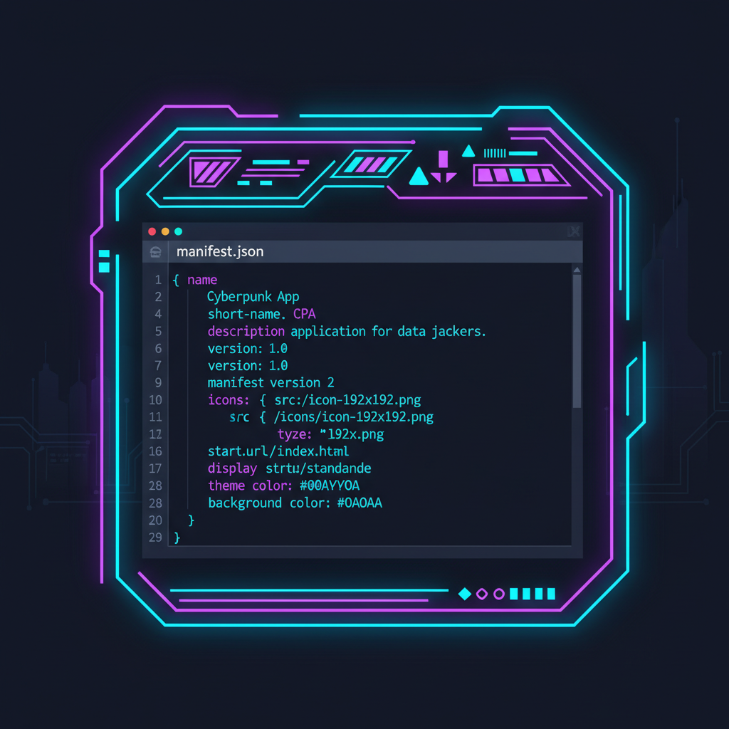 simple manifest.json file open in code editor, futuristic UI frame mockup, neon blues and purples, cyberpunk style