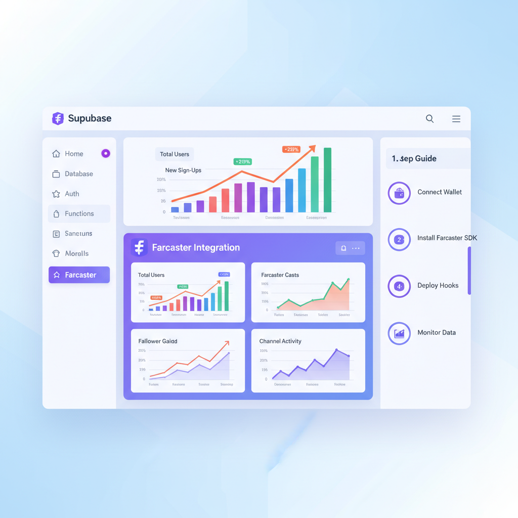 Supabase dashboard with Farcaster integration, charts spiking up, vibrant dashboard interface, modern web3 style