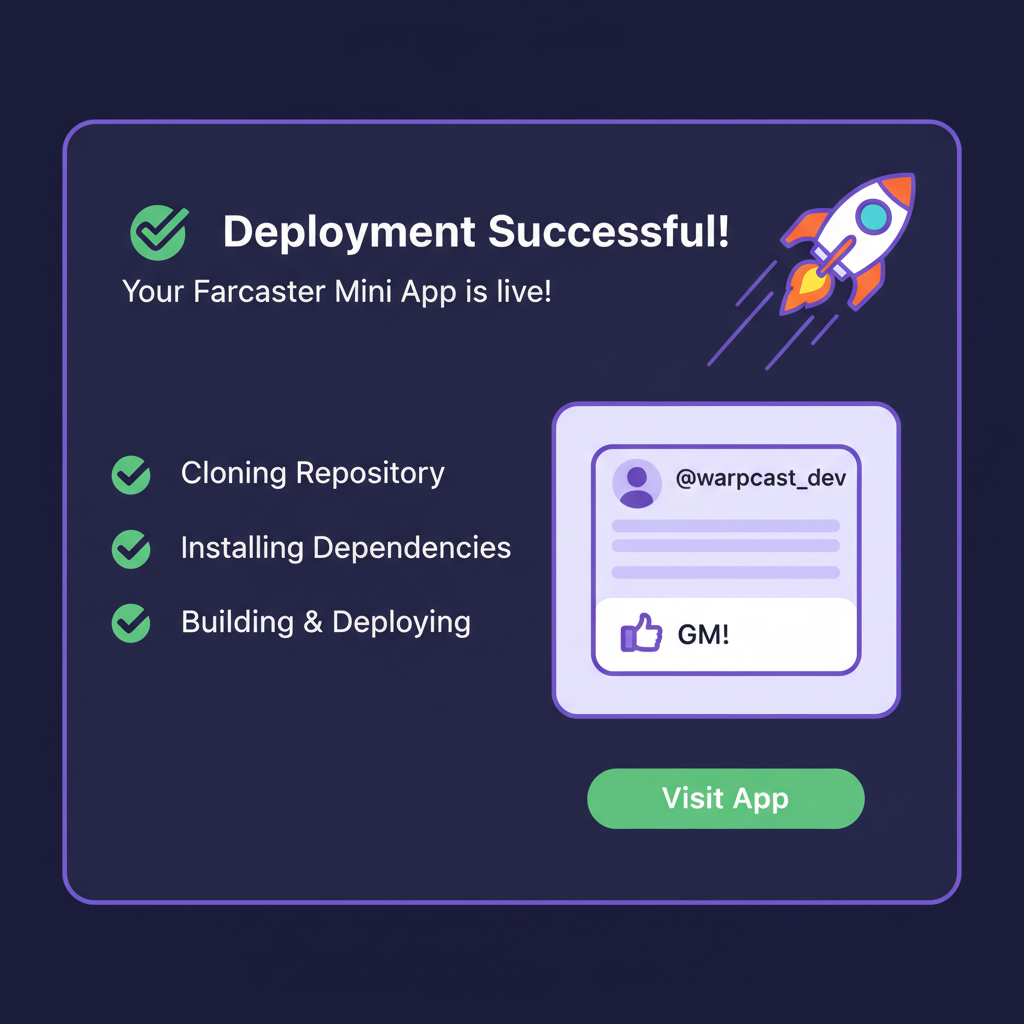 Vercel deployment success screen, green checkmarks, Farcaster Mini App preview, speedy rocket animation
